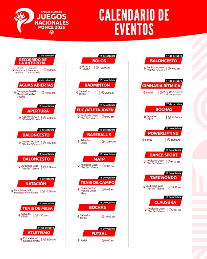 Calendario Juegos Nacionales Special Olympics Puerto Rico - Ponce 2026