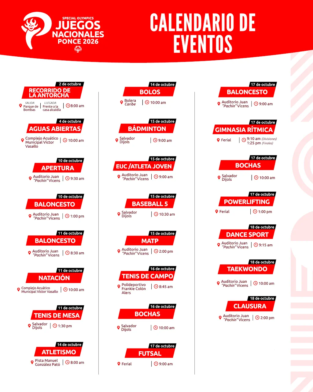 Calendario Juegos Nacionales Special Olympics Puerto Rico - Ponce 2026